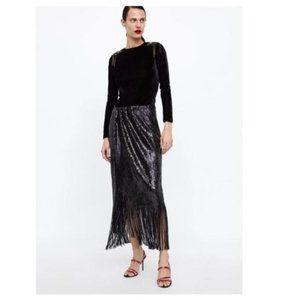 NWT Zara Black Sequin Fringe Skirt XS